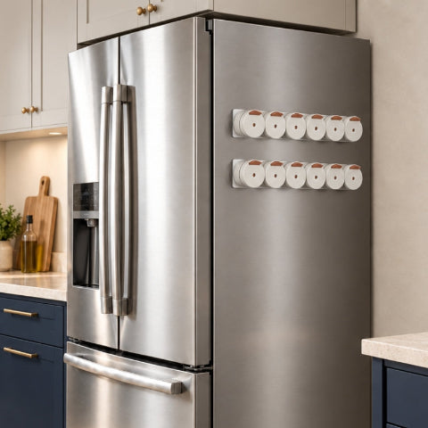 2 ensembles de pots à épices sur un frigo