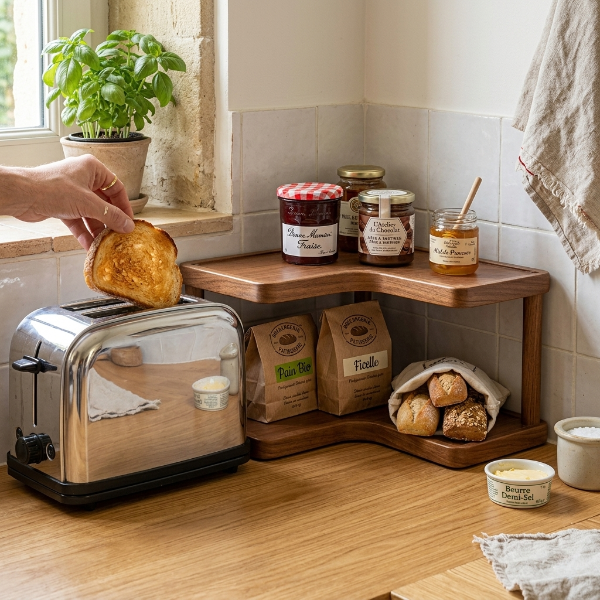 Confitures et pain sur etagere cuisine bois près grille pain