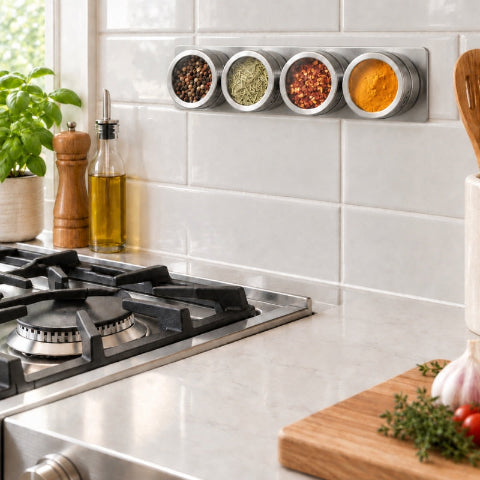 Ensemble pot a epice suspendu au dosseret près cuisinière
