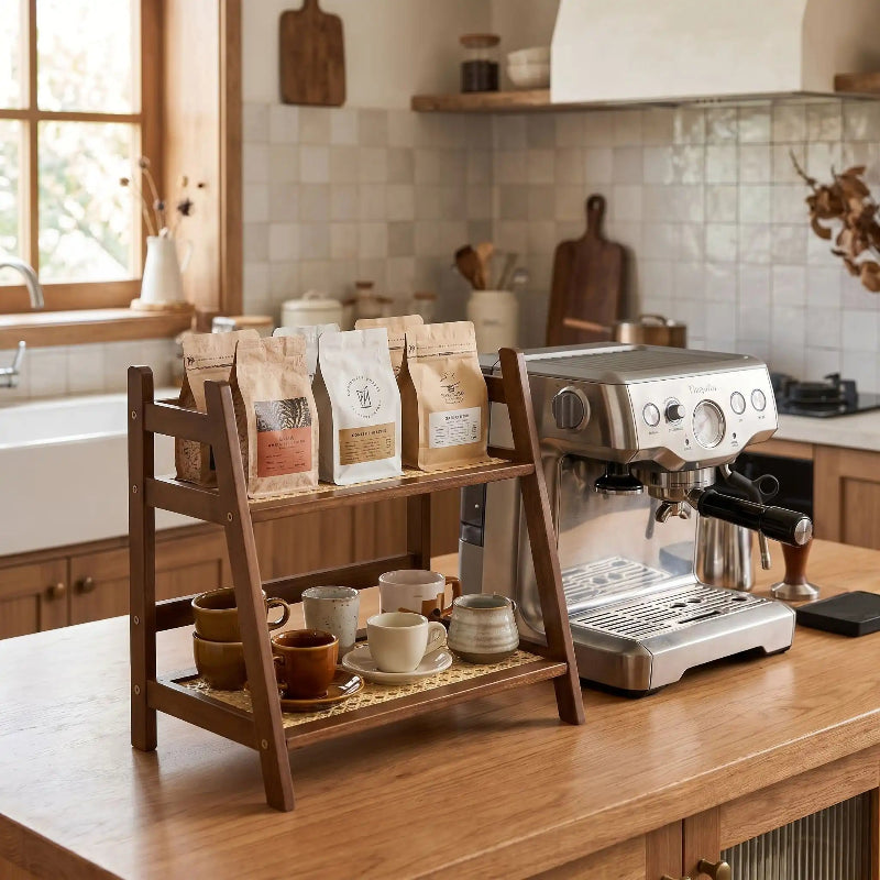 Etagere cuisine bois prÚs machine café remplie sacs café tasses