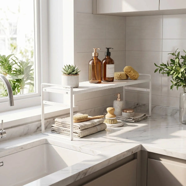 Etagere pour cuisine blanche prÚs évier remplie bouteilles savon serviettes