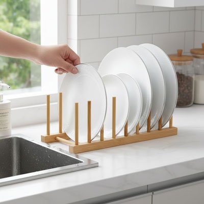 PERSONNE DEPOSANT ASSIETTE DANS EGOUTTOIR EVIER