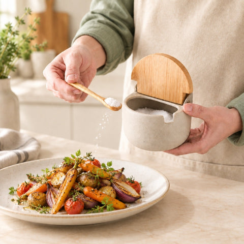 personne qui saupoudre du sel sur des légumes