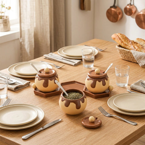 pot a epices et plateau sur table à manger