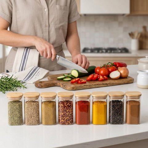 pots à épices sur comptoir devant personne coupant des légumes