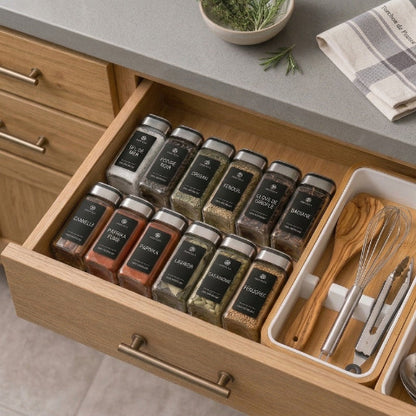 12 pots à épices couchés dans un tiroir
