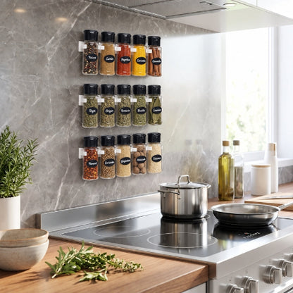 15 pots à épices suspendus au dessus plaque de cuisson