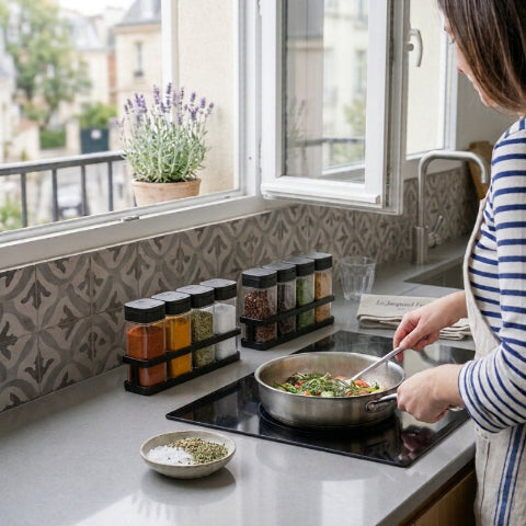 2 ensembles de pots a epices devant personne qui cuisine