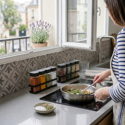 2 ensembles de pots a epices devant personne qui cuisine