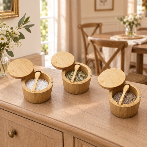 3 boite epice contenant sels sur un buffet