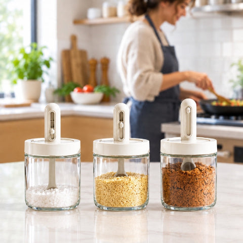 3 pot a epices avec cuillères différentes hauteurs sur comptoir