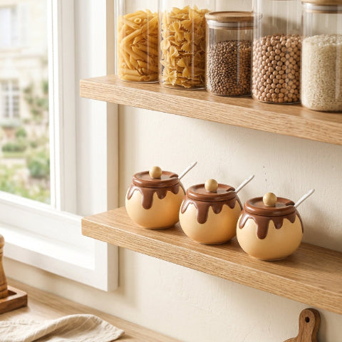 3 pot a epices sur une étagère