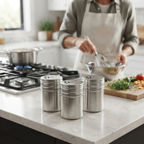 3 pot pour epices sur comptoir devant personne qui cuisine