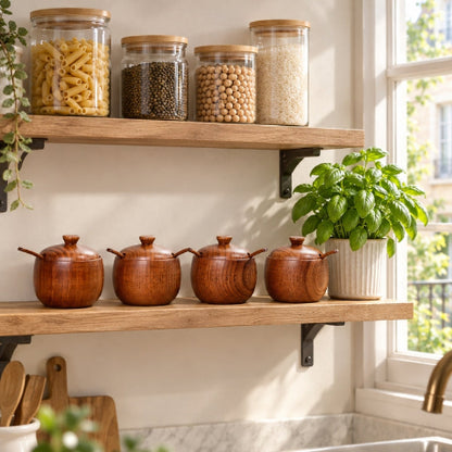 4 pot pour epices sur étagères près fenêtre