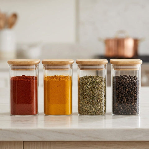 4 pots à épices sur un comptoir