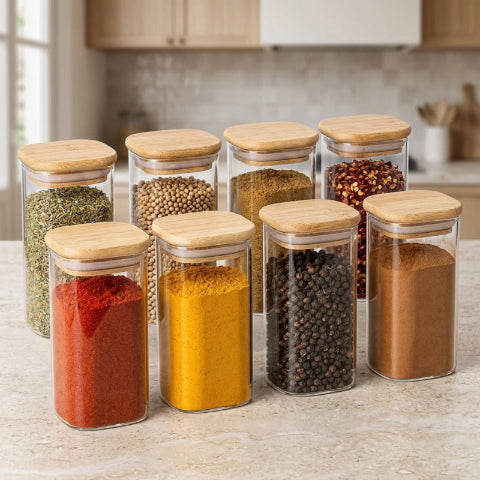 8 pots à épices sur un comptoir
