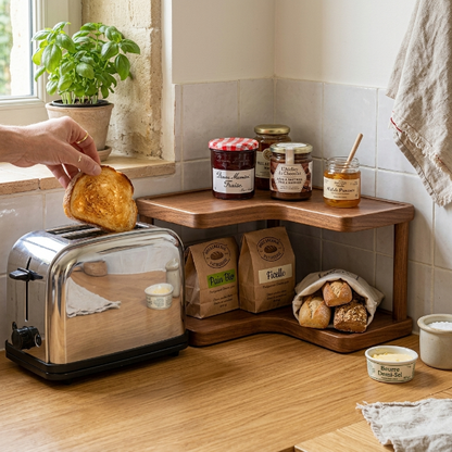 Confitures et pain sur etagere cuisine bois près grille pain