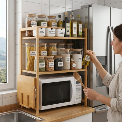 Contenants pâtes légumineuses huiles sur etagere micro onde deux niveaux