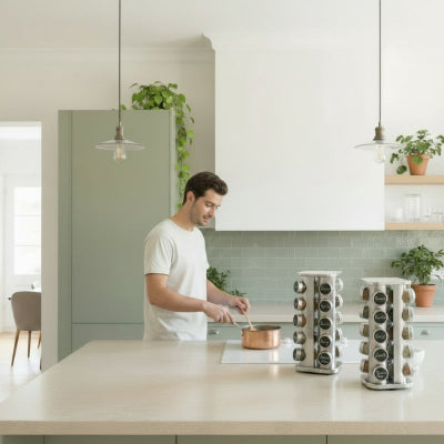 Deux rangement epices près personne qui cuisine