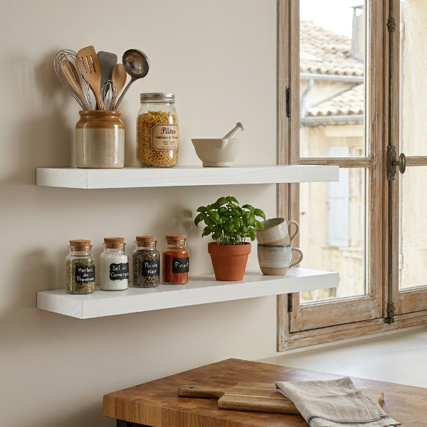 Deux etagere bois cuisine au dessus plan de travail
