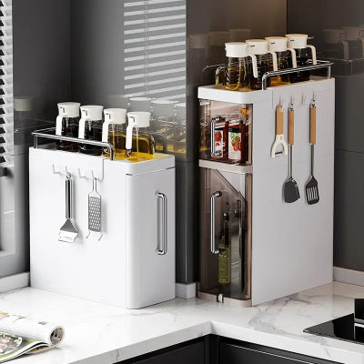 Deux etagere cuisine en coin tiroirs blancs et tiroirs transparents