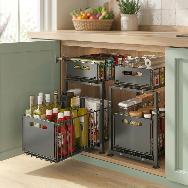 Deux etagere cuisine remplies côte à côte sous plan travail