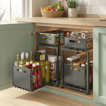 Deux etagere cuisine remplies côte à côte sous plan travail