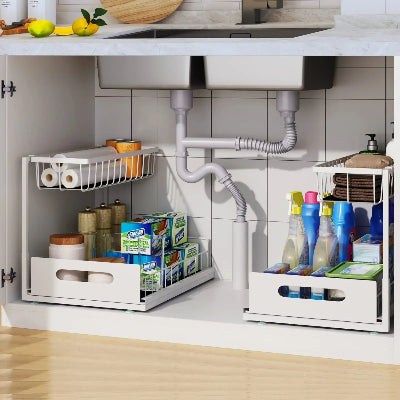 Deux etagere cuisine sous évier disposées chaque côté tuyauterie