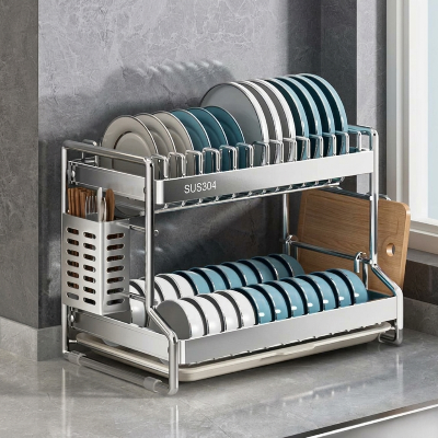 Égouttoir vaisselle inox deux niveaux rempli