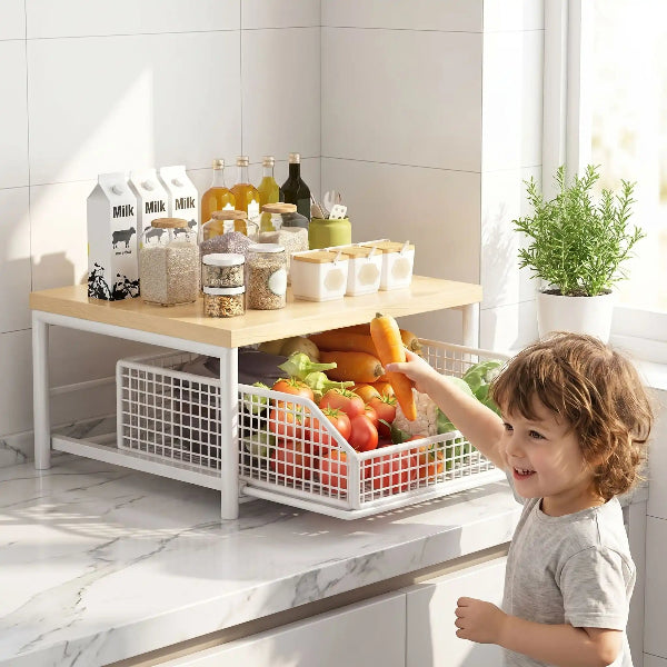 Enfant prenant carotte dans étagère cuisine sur plan travail