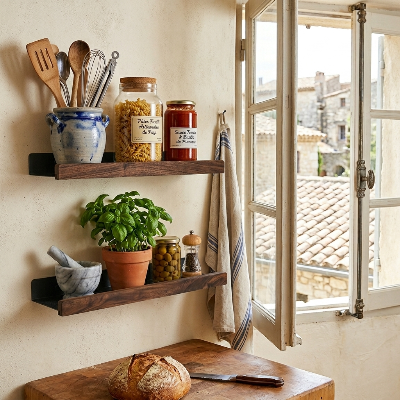 Etagere bois cuisine noyer et noire au dessus plan travail
