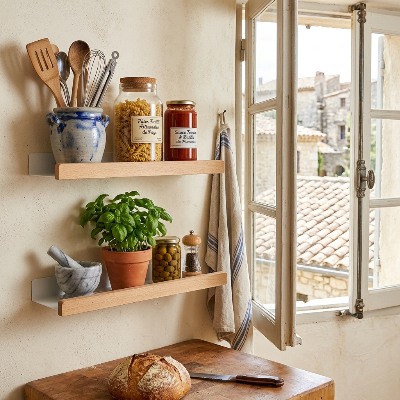 Etagere bois cuisine pâle et blanche au-dessus plan travail
