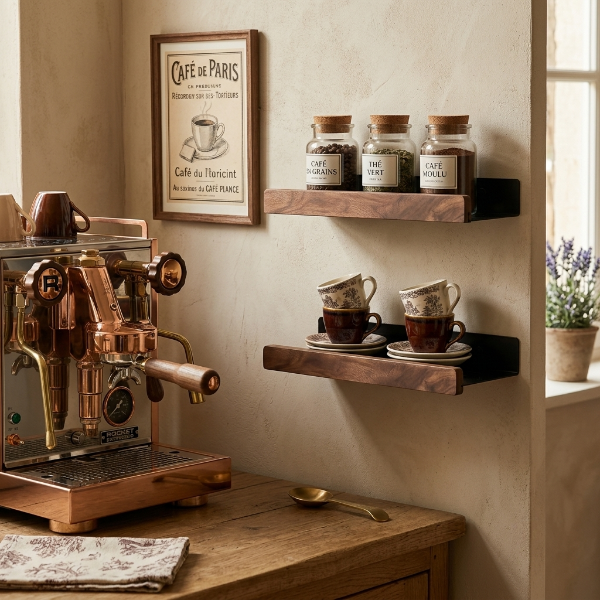 Etagere bois cuisine près machine à café