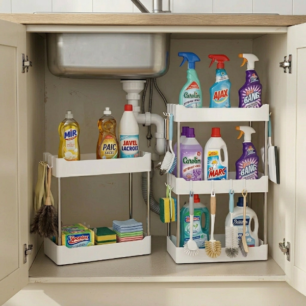 Etagere cuisine blanche dessous évier avec produits entretien