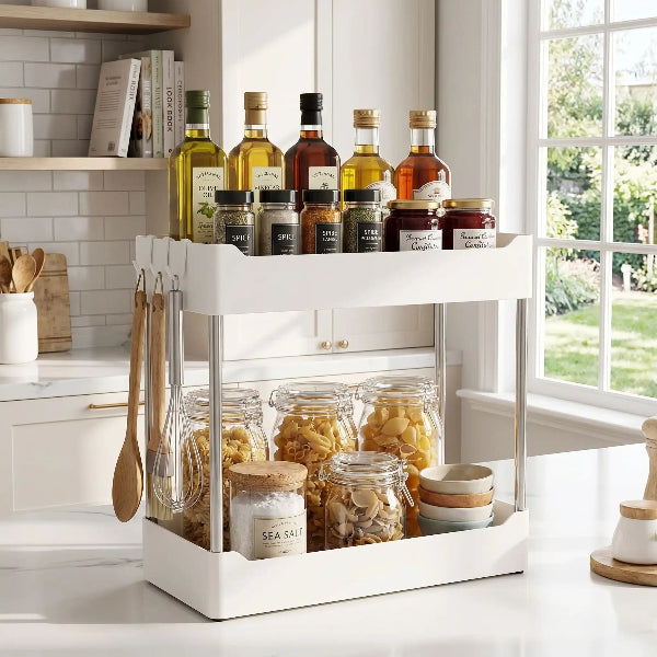 Etagere cuisine blanche deux niveaux sur plan de travail