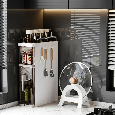 Etagere cuisine blanche et devanture transparent à 2 niveaux
