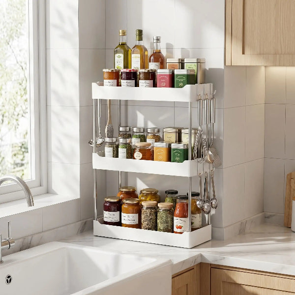 Etagere cuisine blanche trois niveaux sur plan de travail