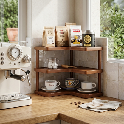 Etagere cuisine bois 3 niveaux avec sacs café et tasses
