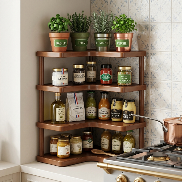 Etagere cuisine bois 4 niveaux remplie pots herbes et assaisonnements