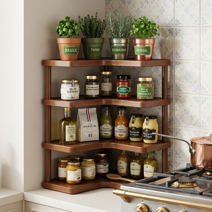 Etagere cuisine bois 4 niveaux remplie pots herbes et assaisonnements