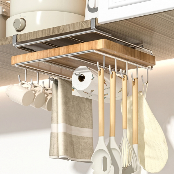 Étagère cuisine inox avec crochets et une planche