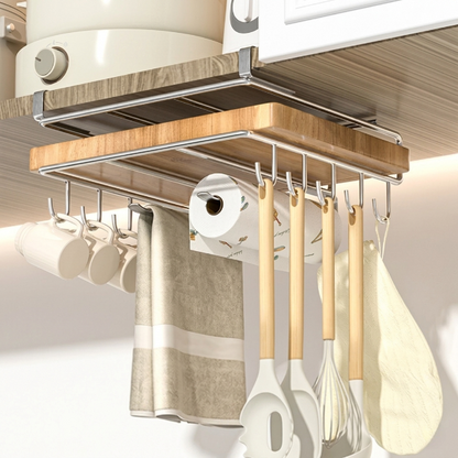 Étagère cuisine inox avec crochets et une planche