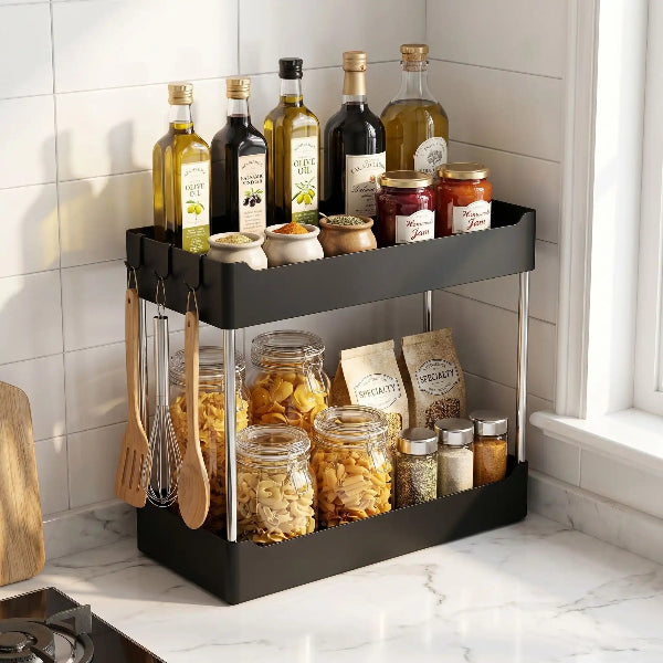 Etagere cuisine noire deux niveaux sur plan de travail