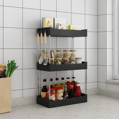 Etagere cuisine noire trois niveaux sur plan de travail