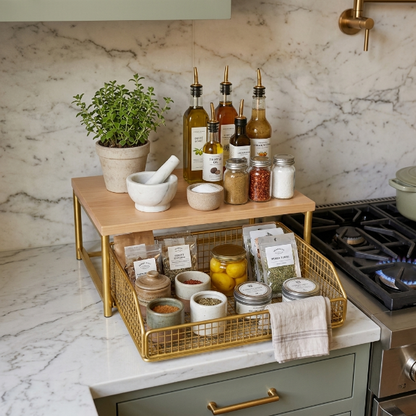 Étagère cuisine rempli produits pour cuisson près cuisinière