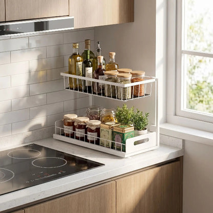Etagere cuisine remplie sur plan travail près table cuisson