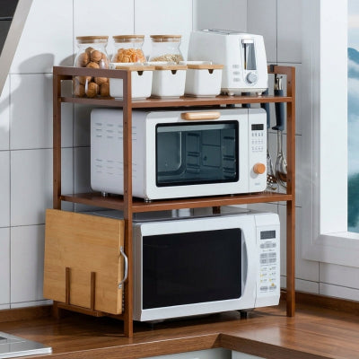 Etagere micro onde brune deux niveaux sur petit comptoir