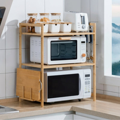 Etagere micro onde naturel deux niveaux sur petit comptoir