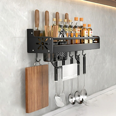 Etagere murale cuisine 40 cm remplie bouteilles couteaux ustensiles