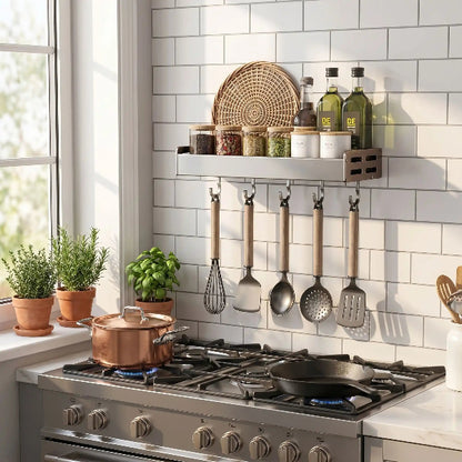 Etagere murale cuisine au dessus cuisinière près fenêtre